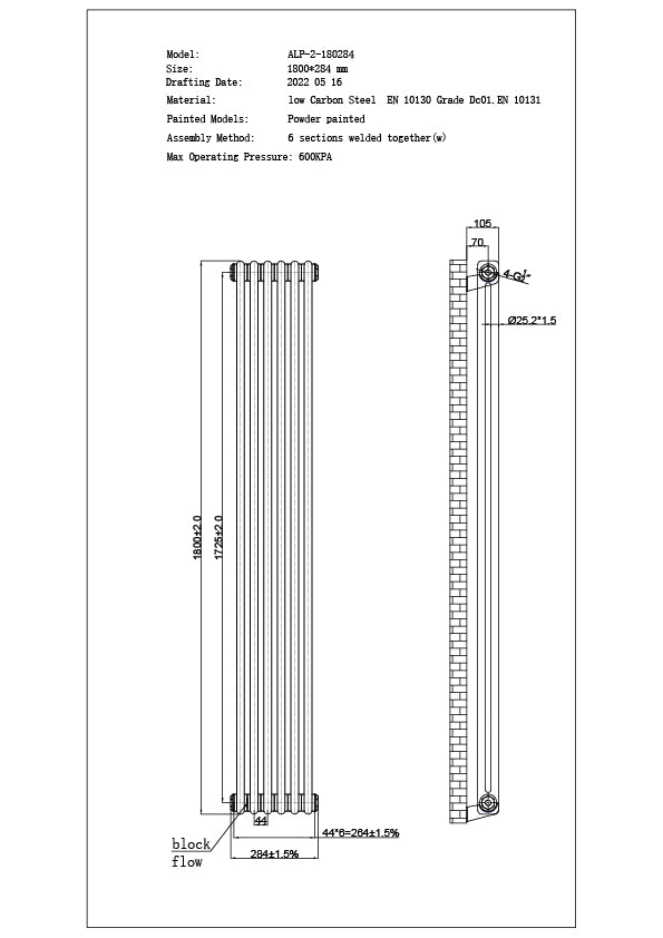 Alpha - White Vertical Column Radiator H1800mm x W284mm 2 Column - Feet Included