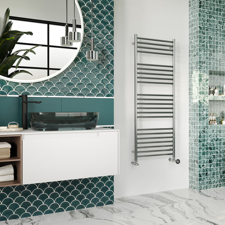 Aston stainless steel heated towel rail, 1400mm x 500mm curved bathroom radiator, fitted on a white wall in a modern bathroom