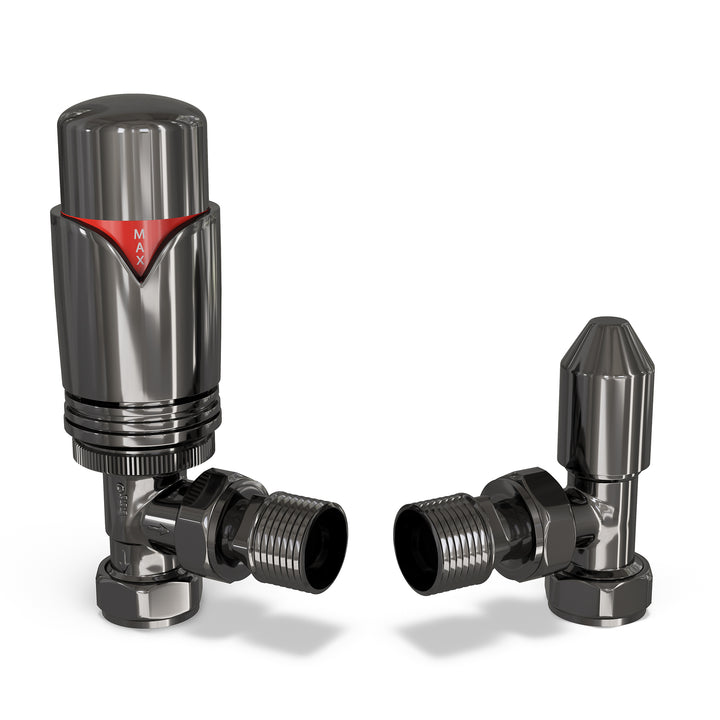 Derry Bold - Black Nickel Thermostatic Radiator Valve & Lockshield Angled 10mm