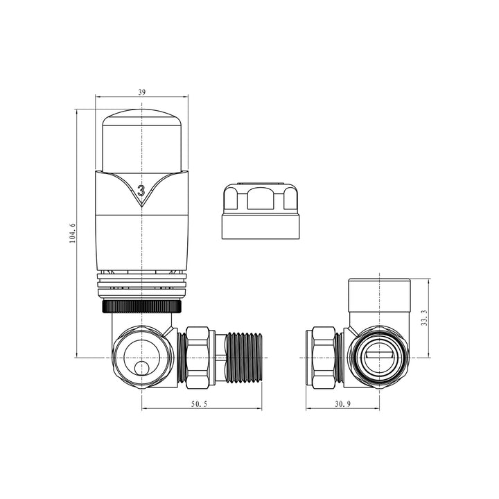 Technical specification sheet for Derry Bold anthracite thermostatic radiator valve and lockshield, corner 8mm TRV pair, showing dimensions and key details