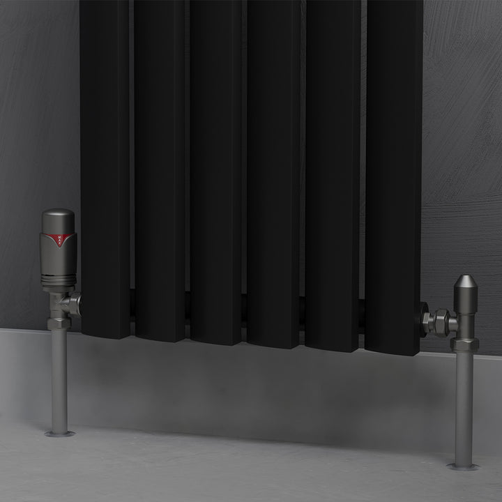 Derry Bold - Pewter Thermostatic Radiator Valve & Lockshield Angled 8mm