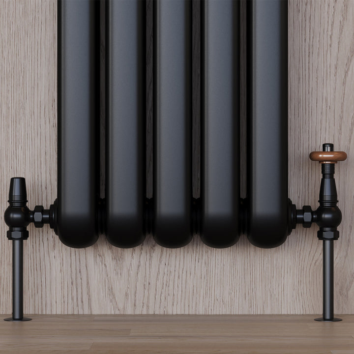 Derry Traditional - Black Thermostatic Radiator Valve & Lockshield Angled 8mm