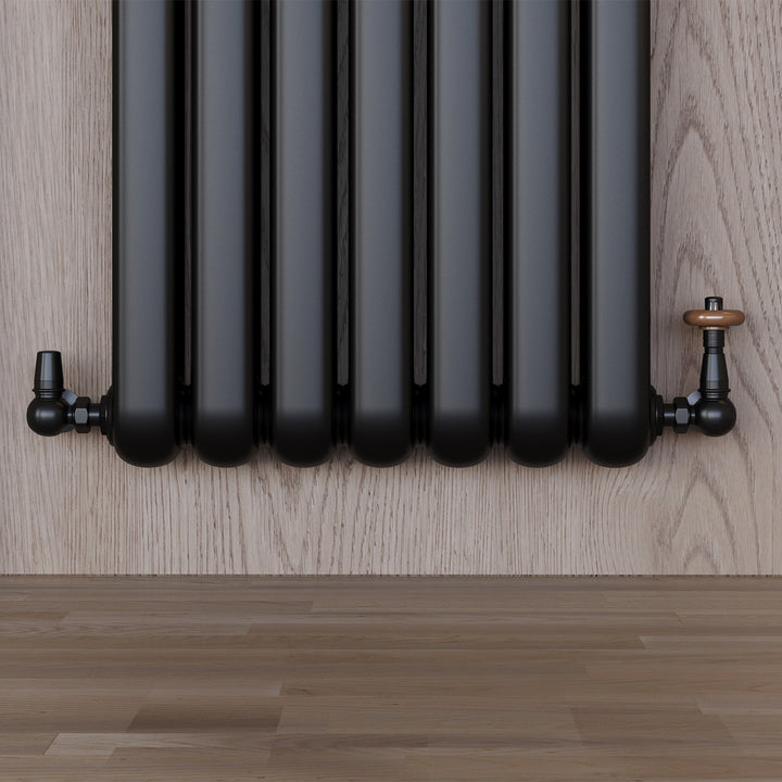 Derry Traditional - Black Thermostatic Radiator Valve & Lockshield Corner 15mm