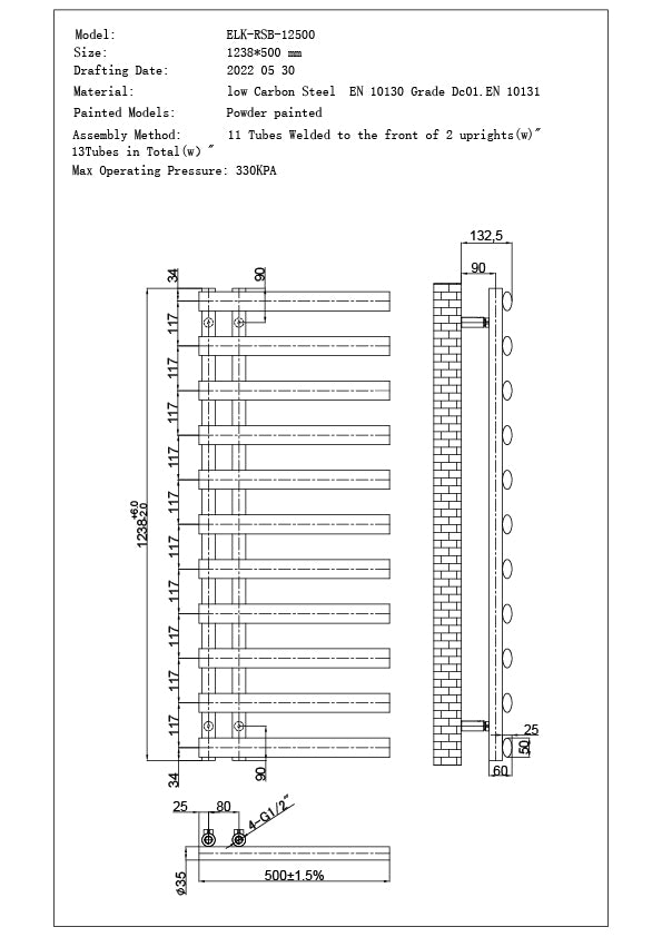 Elyan - White Dual Fuel Towel Rail H1238mm x W500mm Thermostatic