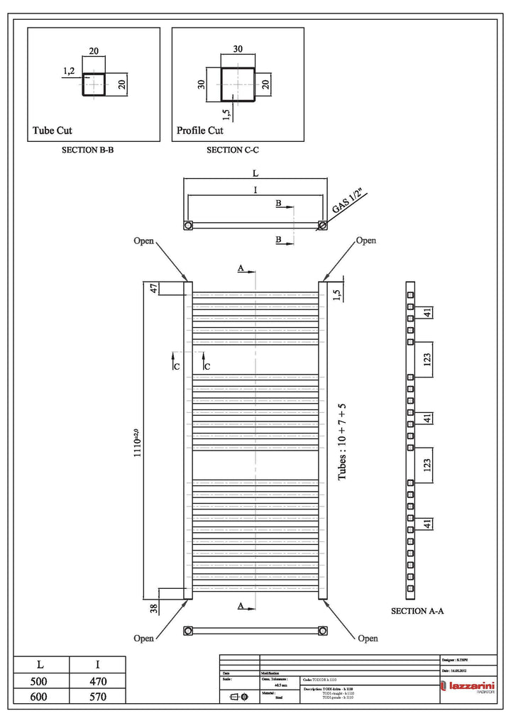Todi - Anthracite Dual Fuel Towel Rail H1110mm x W500mm Standard - Straight