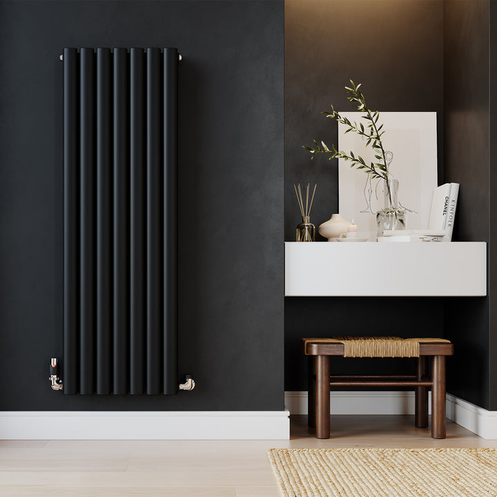 Omeara - Black Designer Radiator H1200mm x W406mm Double Panel - Feet Included