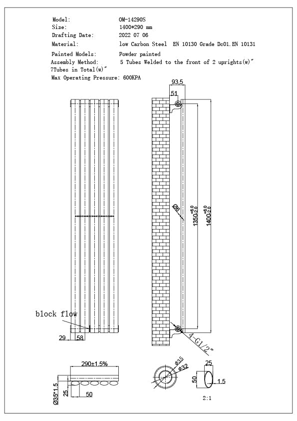 Omeara - Anthracite Designer Radiator H1400mm x W290mm Single Panel - Feet Included