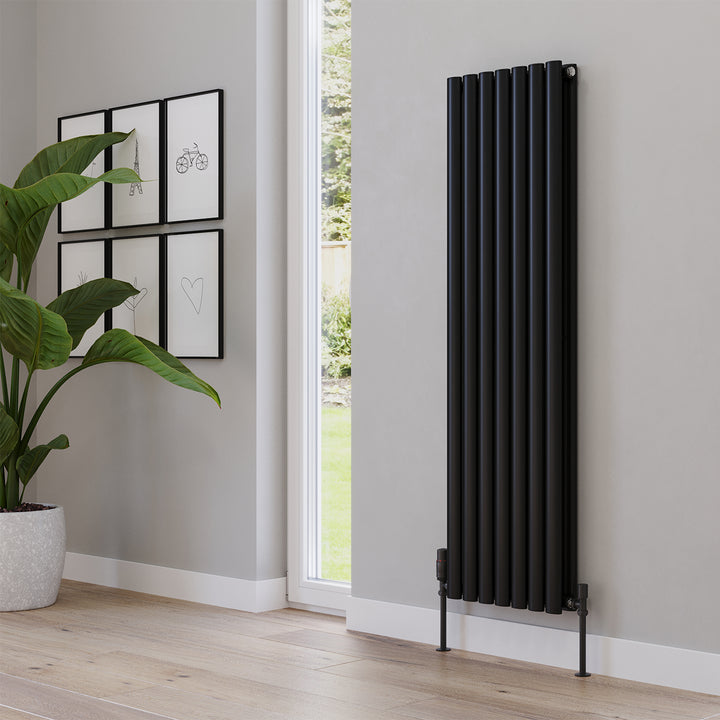 Omeara - Black Designer Radiator H1400mm x W406mm Double Panel - Feet Included