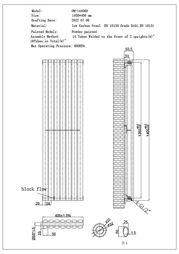 Omeara - Anthracite Designer Radiator H1400mm x W406mm Double Panel - Feet Included