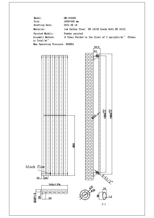 Omeara - Black Designer Radiator H1600mm x W348mm Single Panel - Feet Included