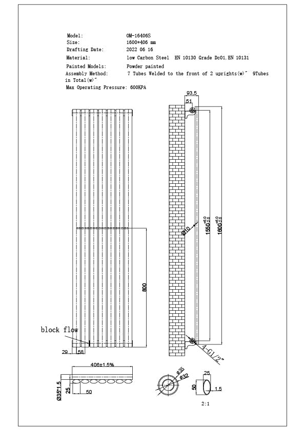 Omeara - White Vertical Radiator H1600mm x W406mm Single Panel