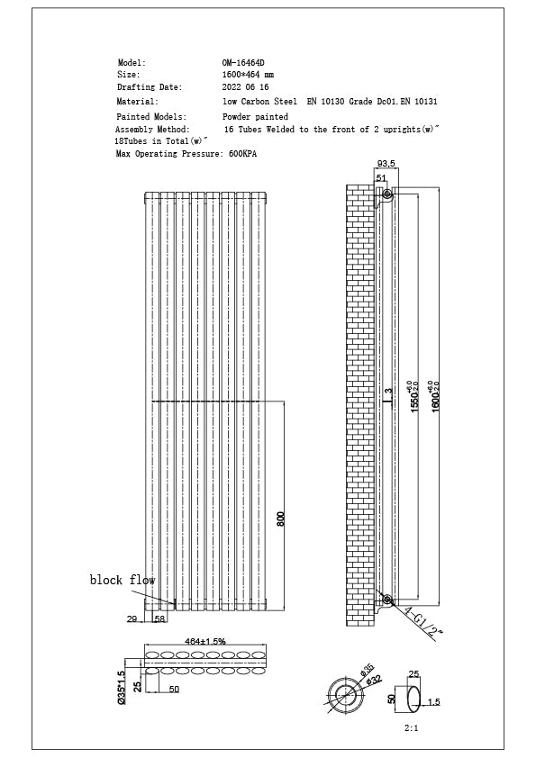 Omeara - White Designer Radiator H1600mm x W464mm Double Panel - Feet Included