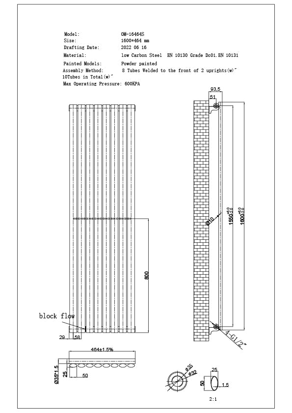Omeara - Black Designer Radiator H1600mm x W464mm Single Panel - Feet Included