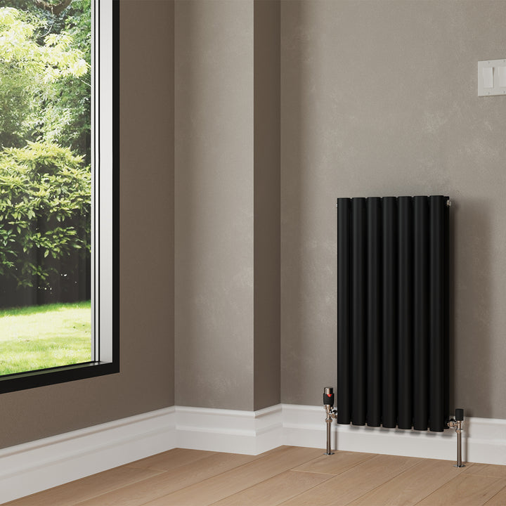 Omeara - Black Designer Radiator H800mm x W406mm Double Panel - Feet Included