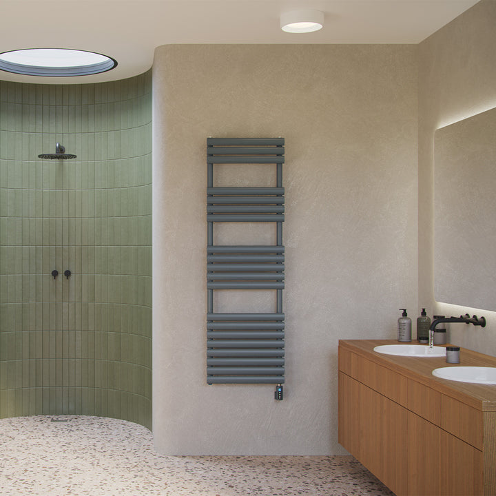 Omeara - Anthracite Electric Towel Rail H1595mm x W500mm 900w Thermostatic WIFI
