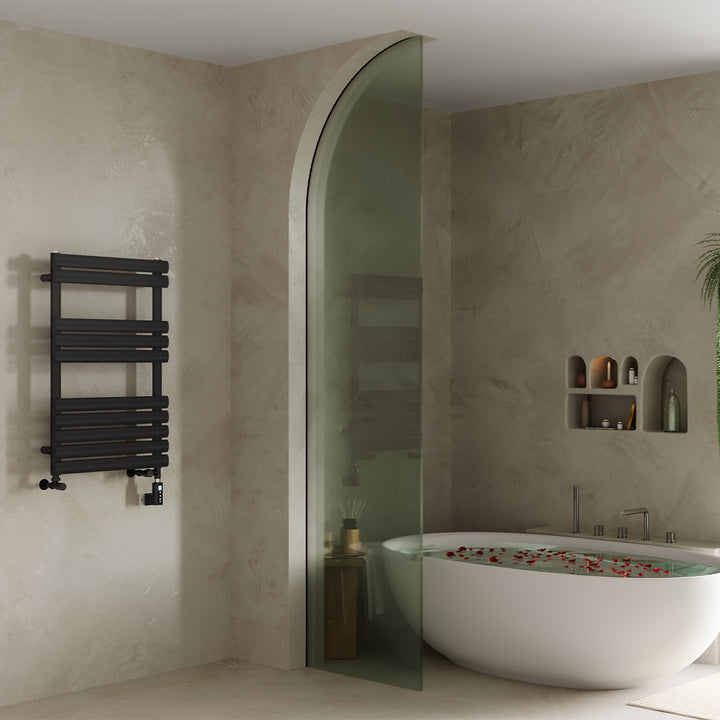 Omeara - Black Dual Fuel Towel Rail H825mm x W500mm Thermostatic WIFI