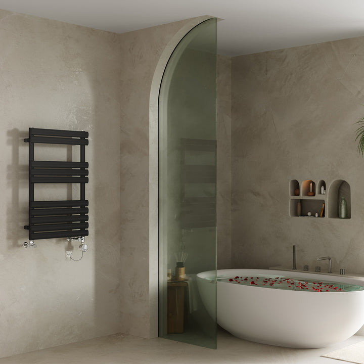 Omeara - Black Dual Fuel Towel Rail H825mm x W500mm Thermostatic