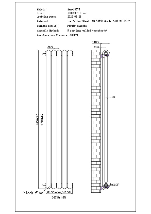 Sherwood - White Vertical Round Top Column Radiator H1800mm x W368mm 2 Column