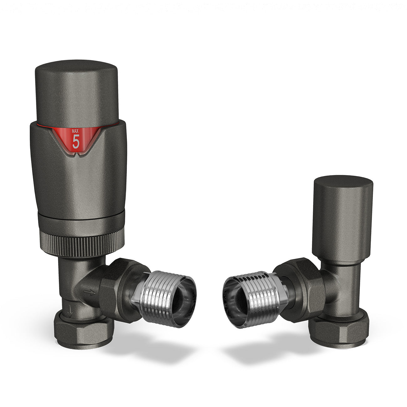 Stirling Bold - Pewter Thermostatic Radiator Valve & Lockshield Angled 15mm