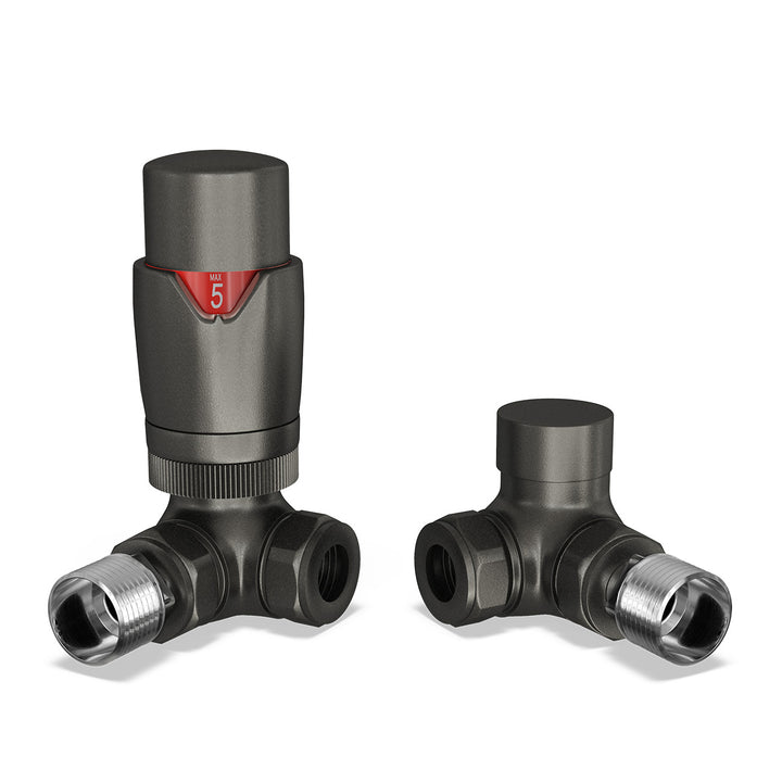 Stirling Bold - Pewter Thermostatic Radiator Valve & Lockshield Corner 10mm