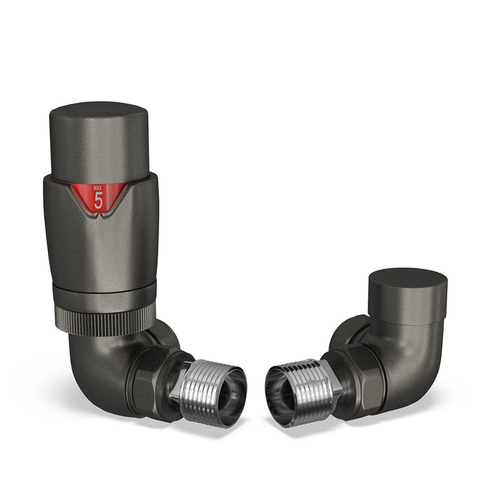 Stirling Bold - Pewter Thermostatic Radiator Valve & Lockshield Corner 15mm