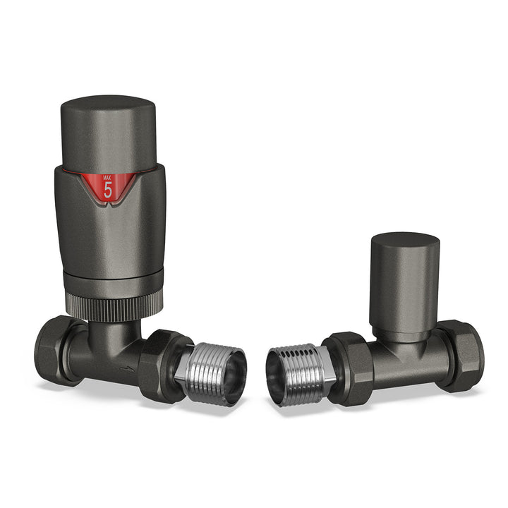 Stirling Bold - Pewter Thermostatic Radiator Valve & Lockshield Straight 8mm