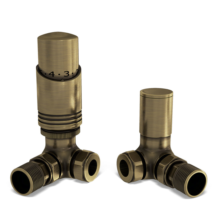 Talus Bold - Antique Brass Thermostatic Radiator Valve & Lockshield Corner 10mm