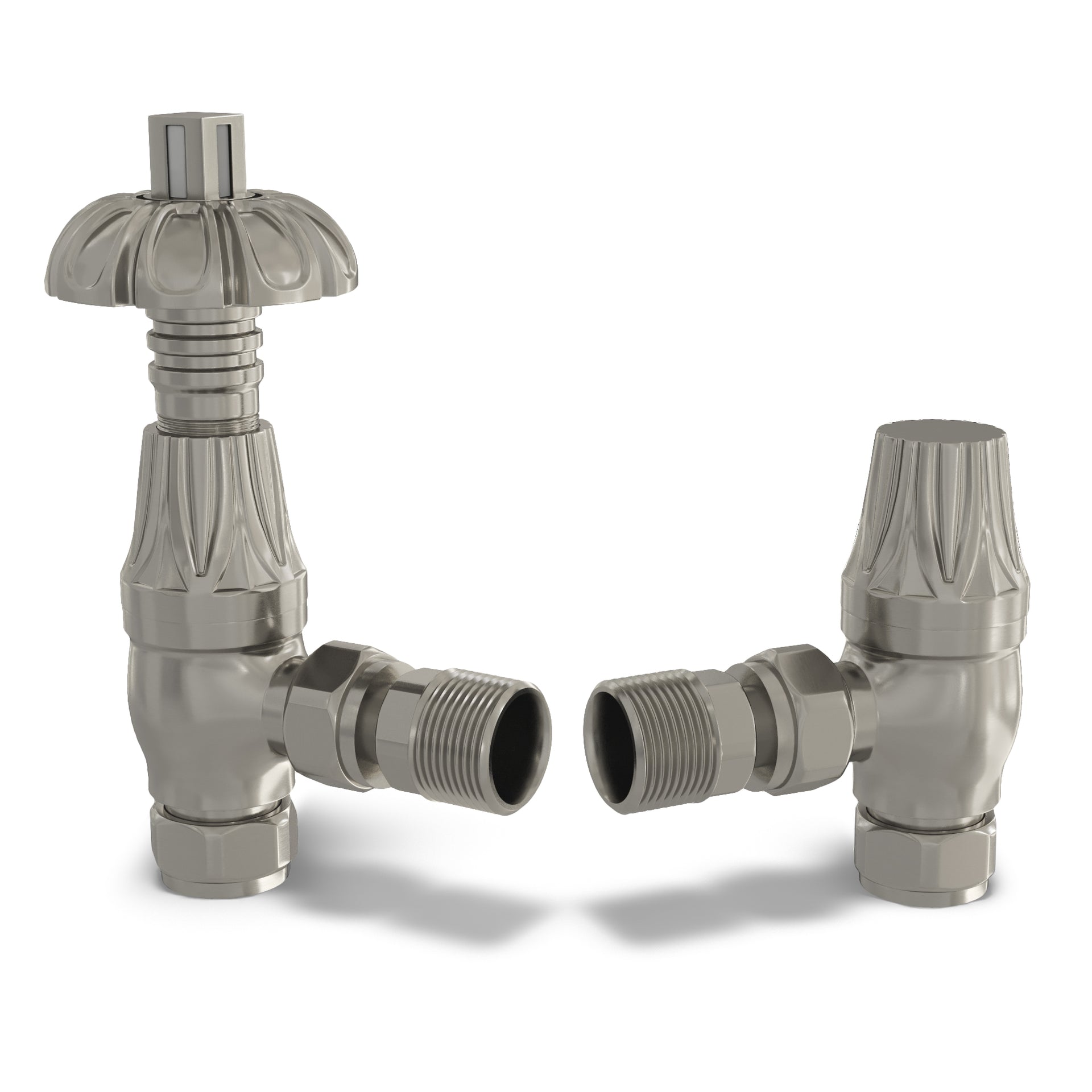 Signature Metal Head - Silver Nickel Thermostatic Radiator Valve & Lockshield Angled 8mm