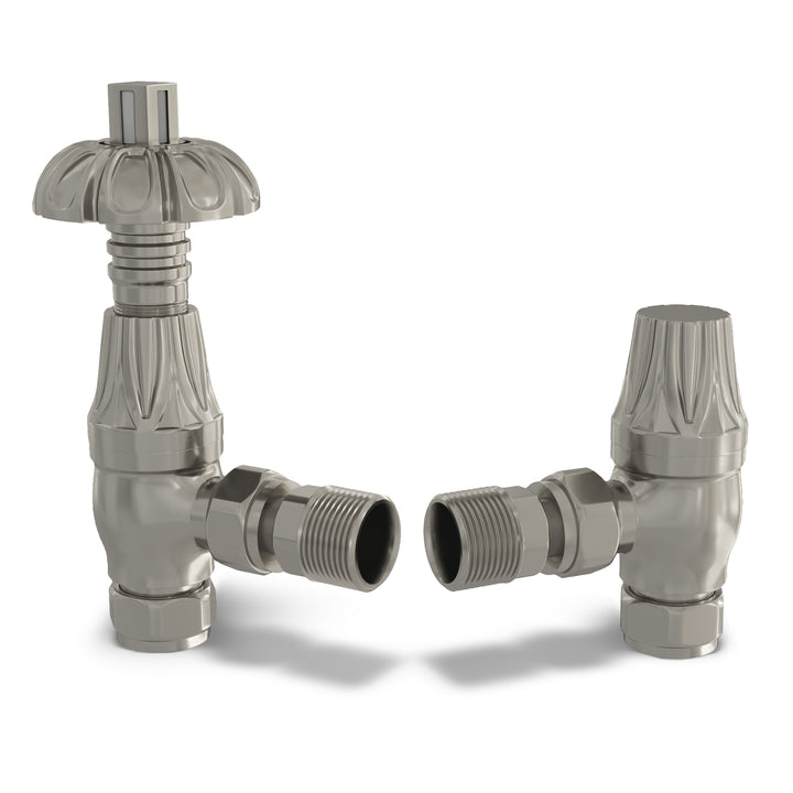 Signature Metal Head - Silver Nickel Thermostatic Radiator Valve & Lockshield Angled 8mm