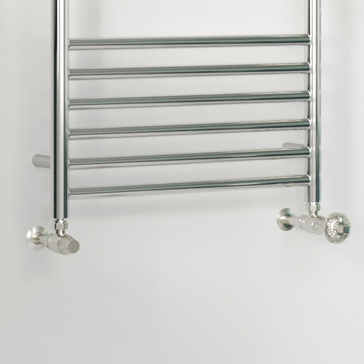 Signature Metal Head - Silver Nickel Thermostatic Radiator Valve & Lockshield Angled 8mm
