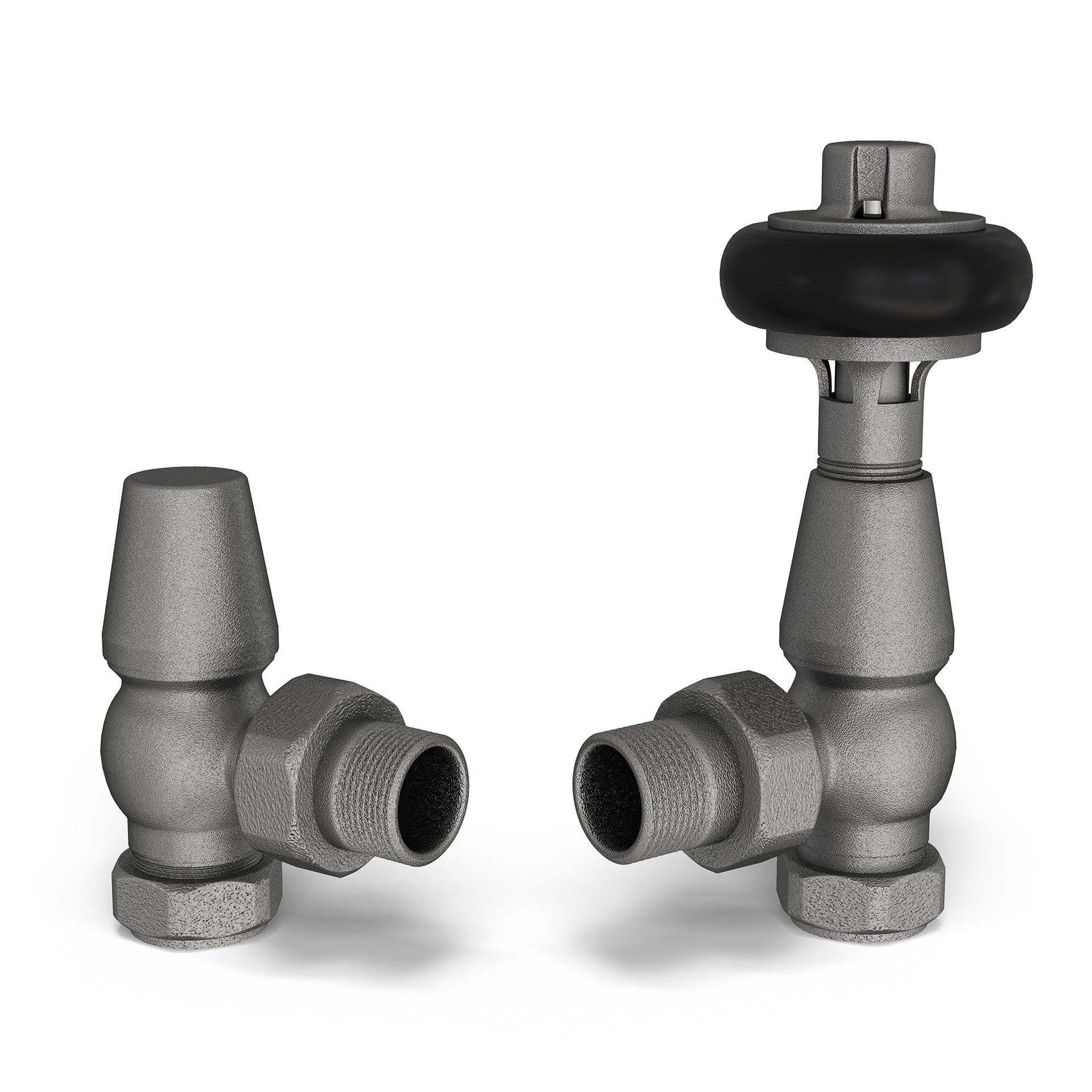 Signature Wooden Head - Natural Pewter Thermostatic Radiator Valve & Lockshield Angled 8mm