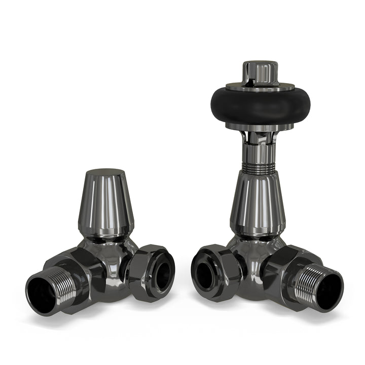 Signature Wooden Head - Black Nickel Thermostatic Radiator Valve & Installation Kit Angled 15mm