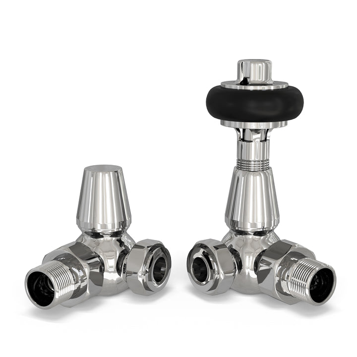 Signature Wooden Head - Chrome Thermostatic Radiator Valve & Lockshield Corner 10mm