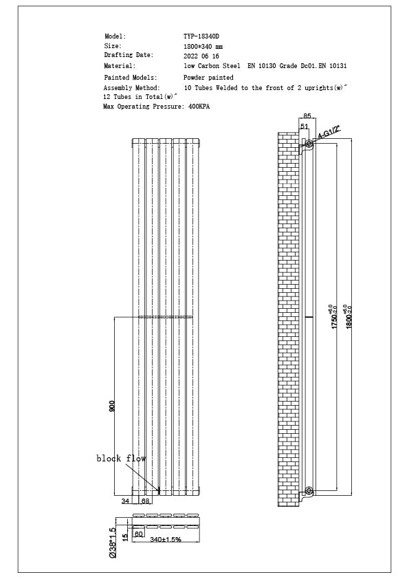 Typhoon - Anthracite Designer Radiator H1800mm x W340mm Double Panel - Feet Included