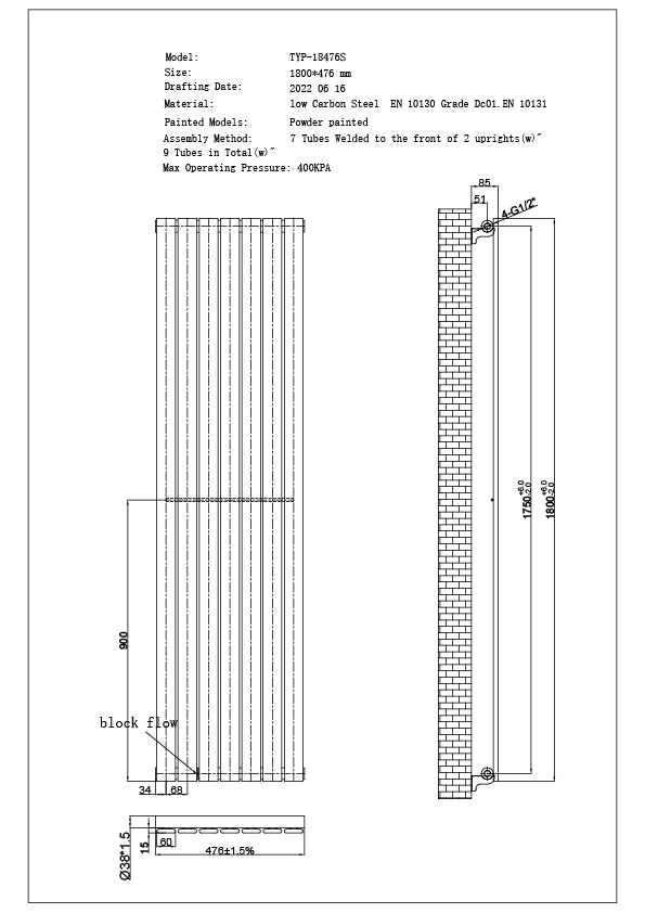 Typhoon - Black Designer Radiator H1800mm x W476mm Single Panel - Feet Included