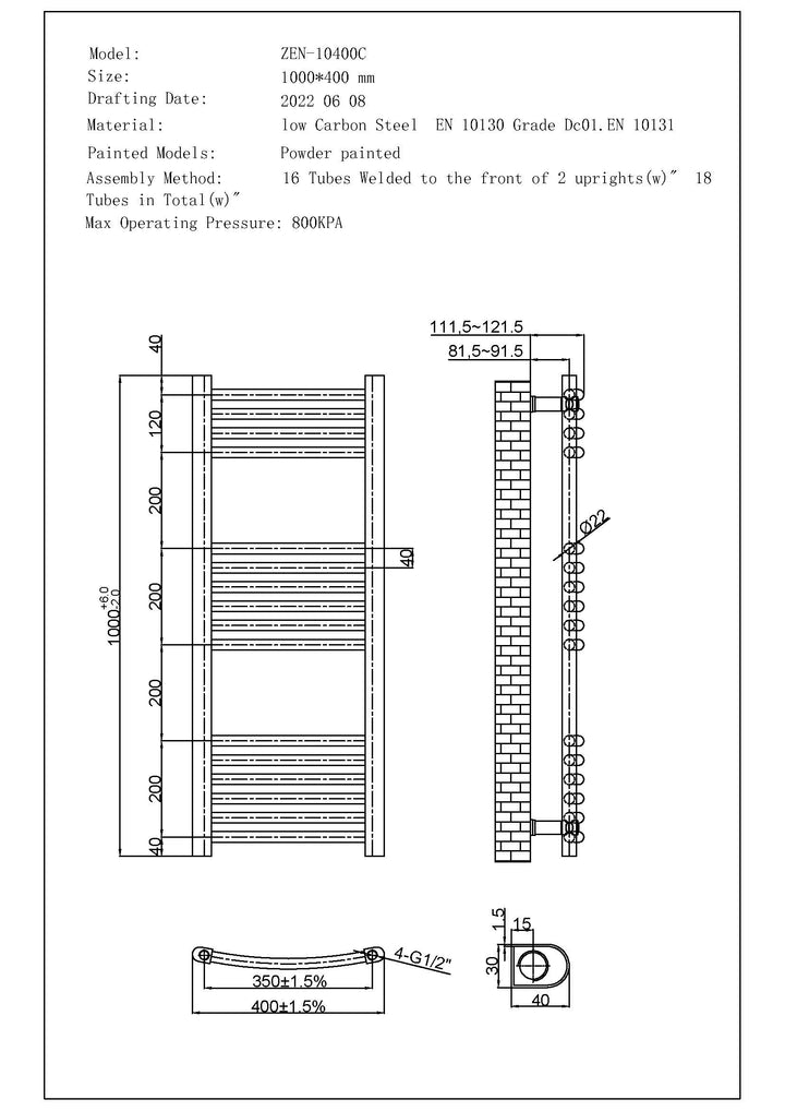 Zennor - Chrome Electric Towel Rail H1000mm x W400mm Curved 200w Thermostatic
