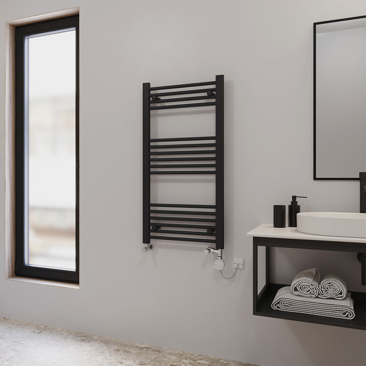 Zennor - Black Dual Fuel Towel Rail H1000mm x W500mm Thermostatic - Straight