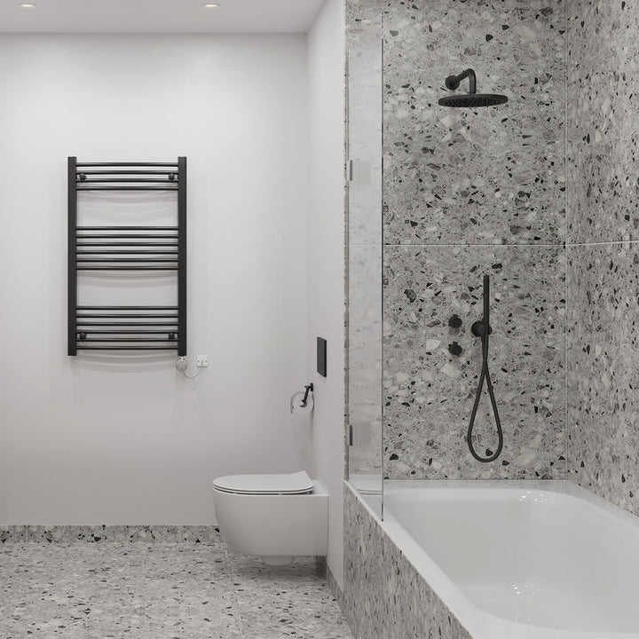 Zennor - Black Electric Towel Rail H1000mm x W600mm Curved 500w Thermostatic