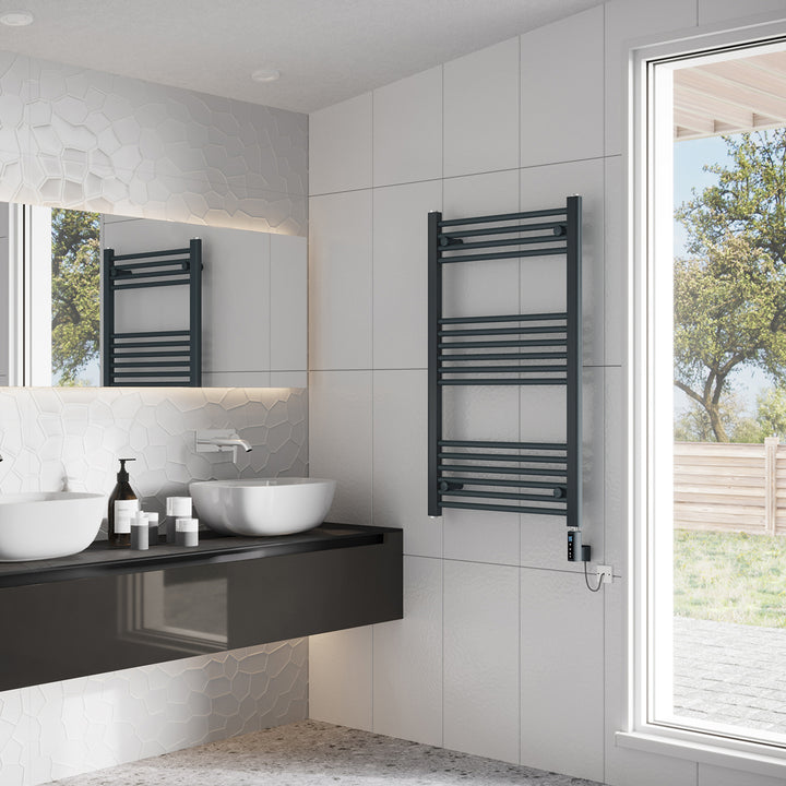 Zennor - Anthracite Electric Towel Rail H1000mm x W600mm Straight 500w Thermostatic WIFI