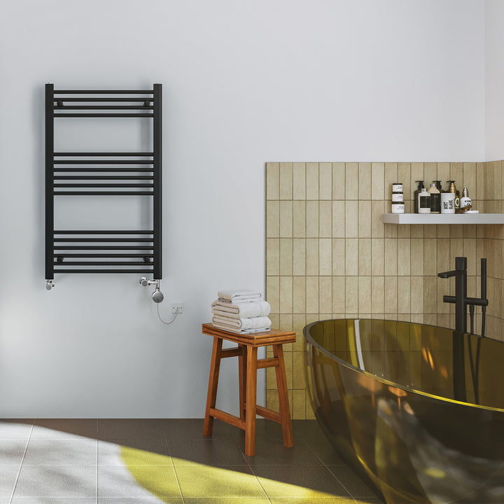 Zennor - Black Dual Fuel Towel Rail H1000mm x W600mm Thermostatic - Straight