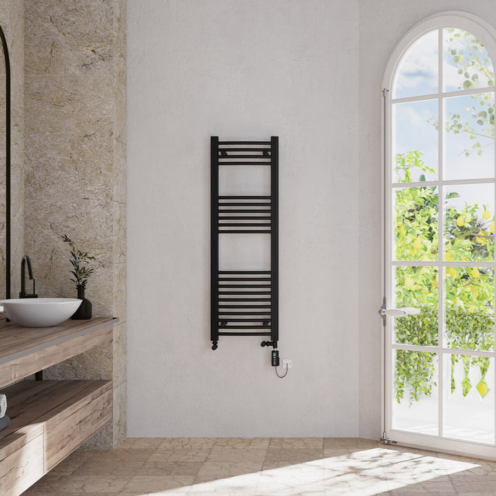 Zennor - Black Dual Fuel Towel Rail H1200mm x W400mm Thermostatic WIFI - Curved