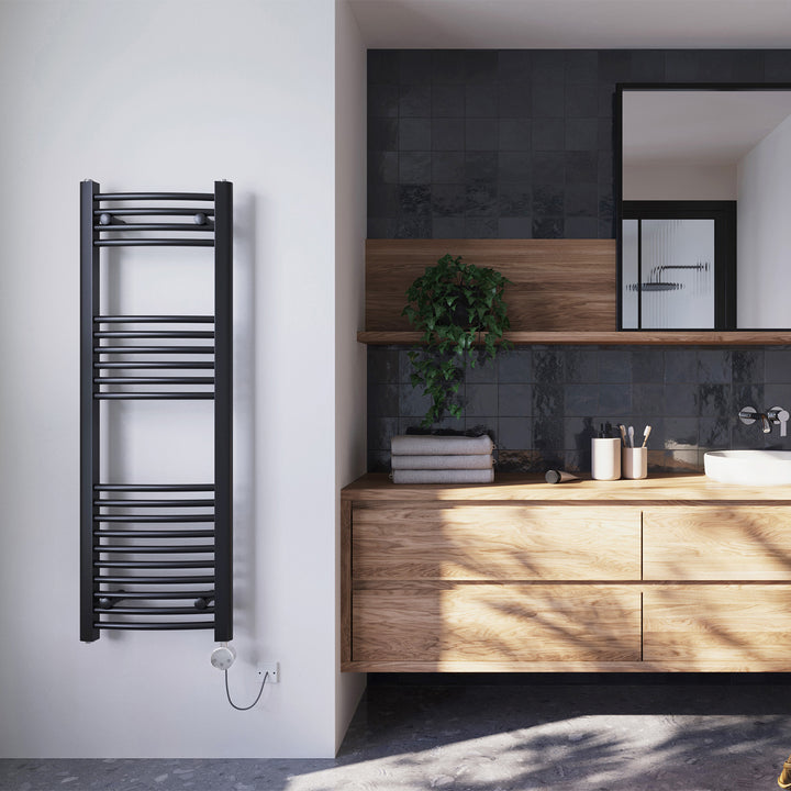 Zennor - Black Electric Towel Rail H1200mm x W400mm Curved 400w Thermostatic