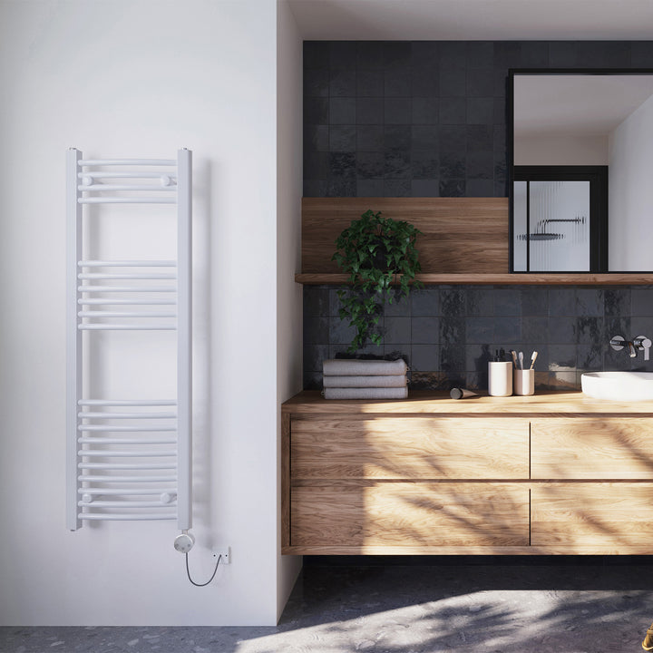Zennor - White Electric Towel Rail H1200mm x W400mm Curved 400w Thermostatic