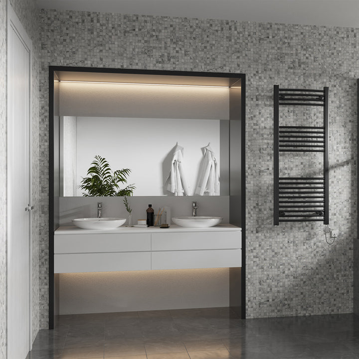 Zennor - Black Electric Towel Rail H1200mm x W500mm Curved 500w Thermostatic