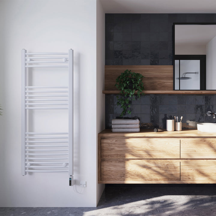 Zennor - White Electric Towel Rail H1200mm x W500mm Curved 500w Thermostatic WIFI