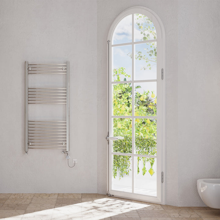 Zennor - Chrome Dual Fuel Towel Rail H1200mm x W600mm Thermostatic - Curved