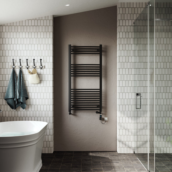 Zennor - Black Dual Fuel Towel Rail H1200mm x W600mm Thermostatic WIFI - Curved