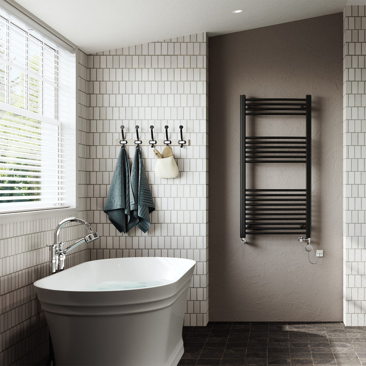 Zennor - Black Dual Fuel Towel Rail H1200mm x W600mm Thermostatic - Curved