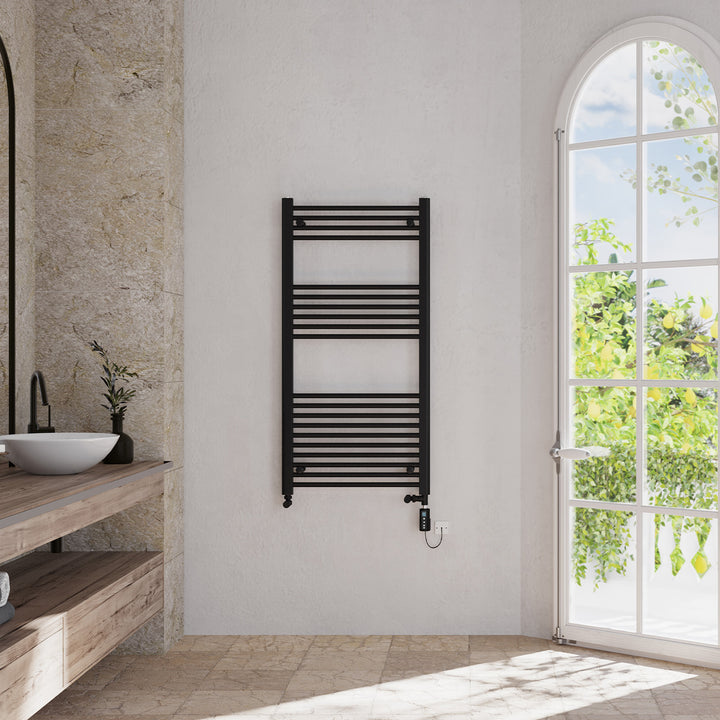Zennor - Black Dual Fuel Towel Rail H1200mm x W600mm Thermostatic WIFI - Straight