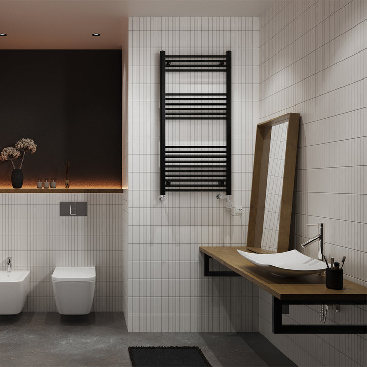 Zennor - Black Dual Fuel Towel Rail H1200mm x W600mm Thermostatic - Straight